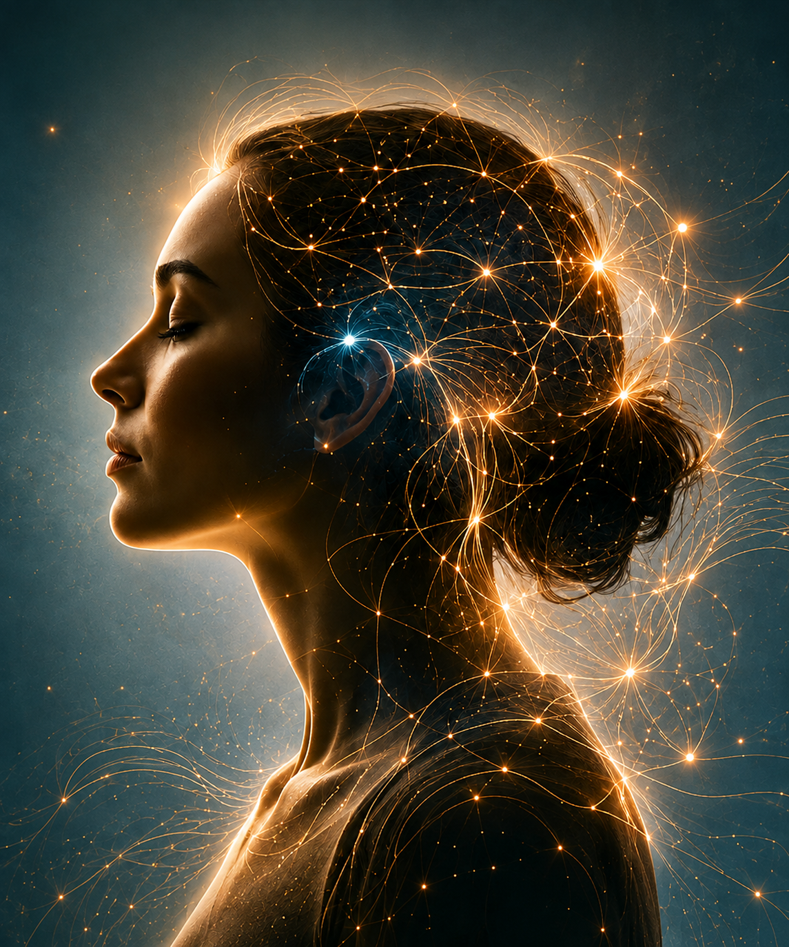 Serene woman with a glowing neural-inspired visual